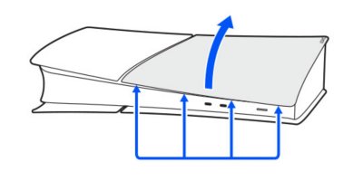 Zijaanzicht van een PS5-systeem met de locatie van de klemmen langs de rand van het cirkelvormige paneel, boven de activeringstoets. Een pijl geeft aan dat het paneel omhoog wordt getild.