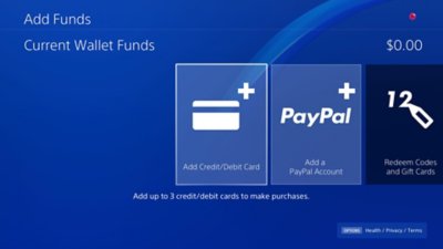 Skærmbilledet Tilføj et beløb på PS4 med det aktuelle beløb i wallet øverst til højre.