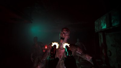 dark pictures switchback vr – captură de ecran cu jucătorul care trage de aproape în zombi, fundalul este iluminat cu verde