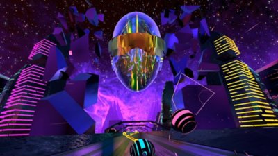 Synth Riders-screenshot van een groot chromen hoofd op de achtergrond