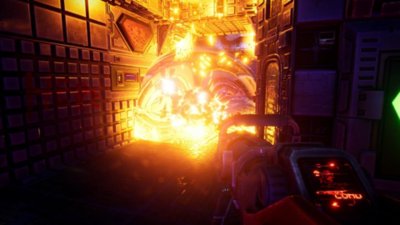 System Shock-screenshot van de speler die een vlammenwerper gebruikt