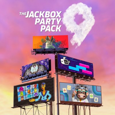 Arte de Jackbox Party Pack 9 que muestra varios juegos en carteleras