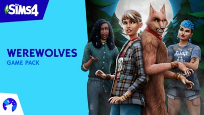 Key-Art von Die Sims 4 zum Werwölfe-Gameplay-Pack, das Sims-Charaktere und einen Werwolf zeigt