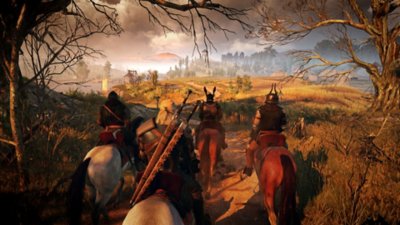 Capture d'écran d'un groupe de cavaliers dans The Witcher 3: Wild Hunt