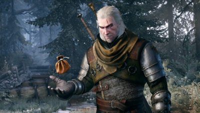 A The Witcher 3: Wild Hunt képernyőképe, rajta Geralt egy kis zsákot kap el