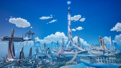 Tower of Fantasy 4.0 Update-Hintergrundbild, das eine futuristische Stadt zeigt