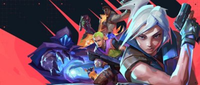 Valorant hero artwork showing a silver-haired character up close holding a gun with several other characters behind them