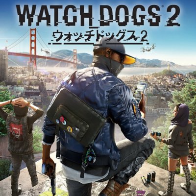 Watch Dogs 2 key art showing San Francisco with the Golden Gate Bridge in the background and hellicopters flying over the city.