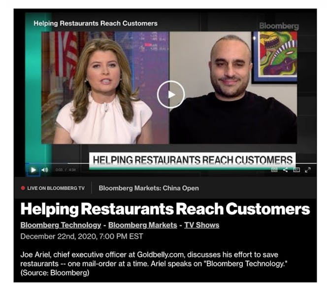 Goldbelly CEO Joe Ariel on "Saving Restaurants" on Bloomberg Tech article thumbnail