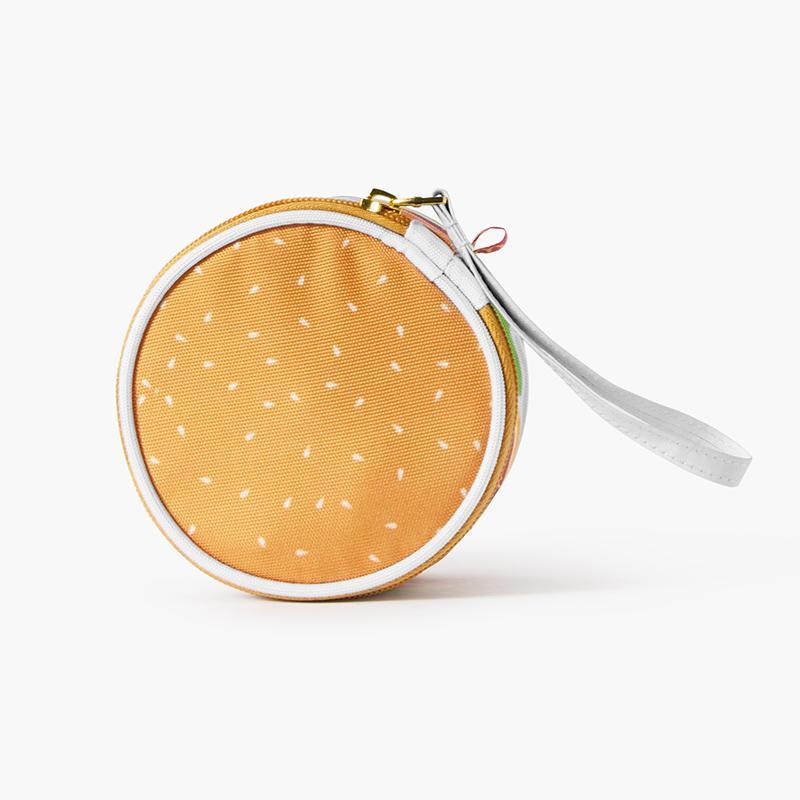 small round zippered bag with loop handle shaped like a Big Mac burger