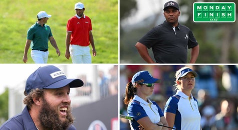 Rory McIlroy, Scottie Scheffler, Harold Varner III, Charley Hull, Leona Maguire and Andrew "Beef" Johnston (clockwise from top left).