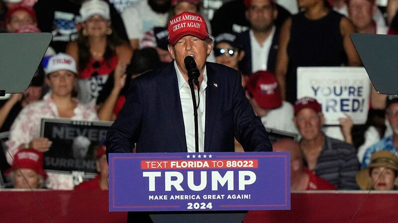 Republican presidential candidate former President Donald Trump speaks at a campaign rally at...