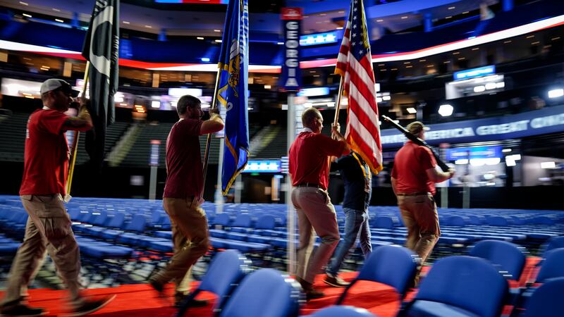 A color guard comprised of veterans rehearses ahead of the 2024 Republican National...