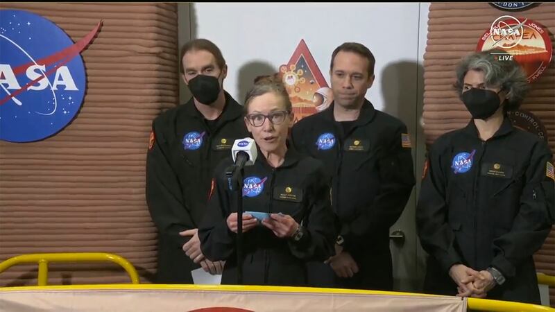 In this image made from video provided by NASA, Kelly Haston, the crew members of the first...