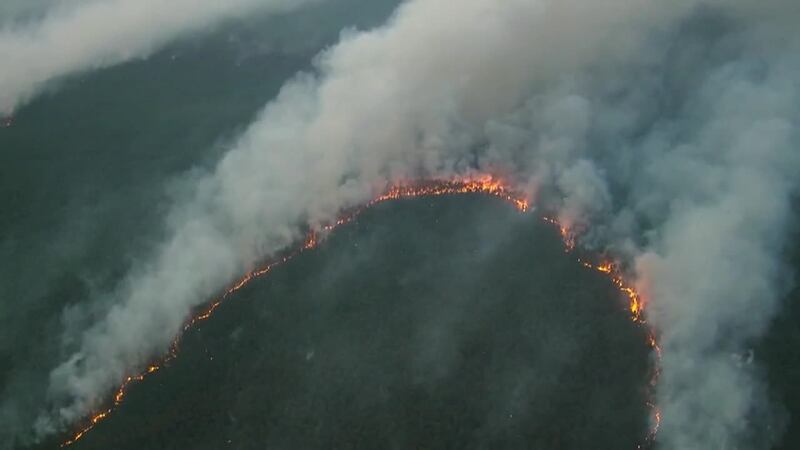 Aerials of a fast-moving forest fire that has consumed thousands of acres in southern New Jersey.