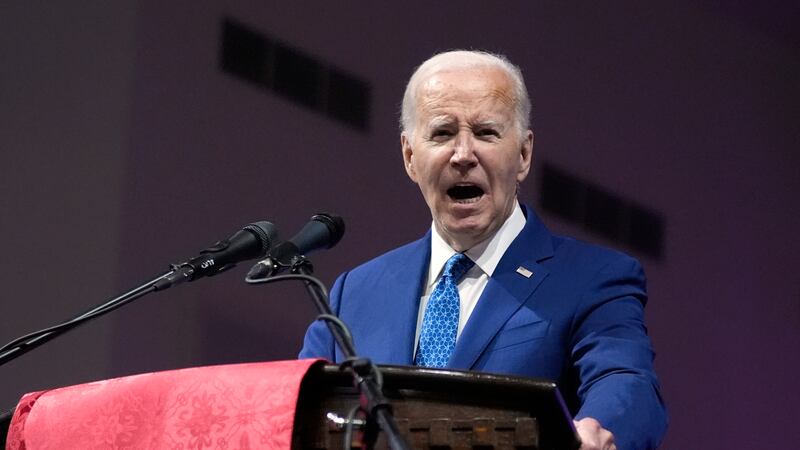 President Joe Biden speaks at a church service at Mt. Airy Church of God in Christ, Sunday,...
