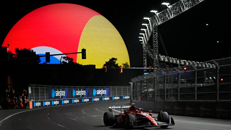 Ferrari driver Carlos Sainz, of Spain, races during the final practice session for the Formula...