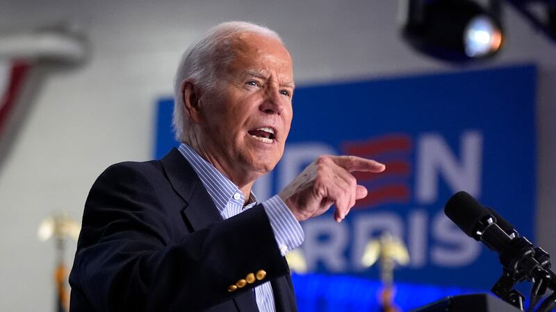 President Joe Biden speaks at a campaign rally at Sherman Middle School in Madison, Wis.,...