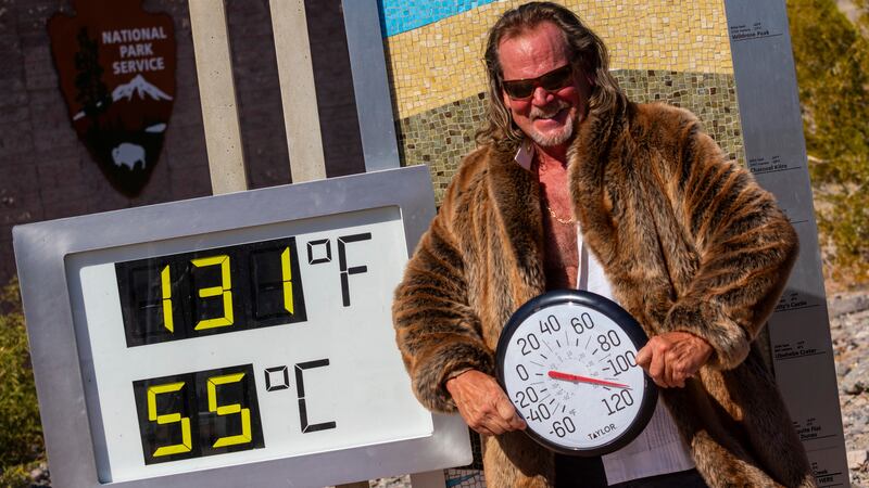 Thor Teigen poses in a fur jacket next to a thermometer displaying a temperature of 131...