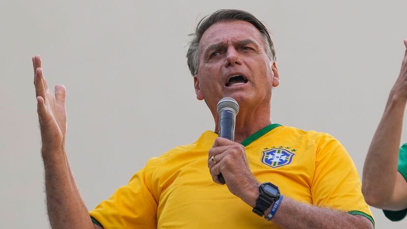 FILE - Former President Jair Bolsonaro addresses supporters during a rally in Sao Paulo,...