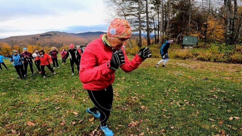 Trina Hosmer leads a group of masters in a bounding training at Trapp Family Lodge in Stowe.