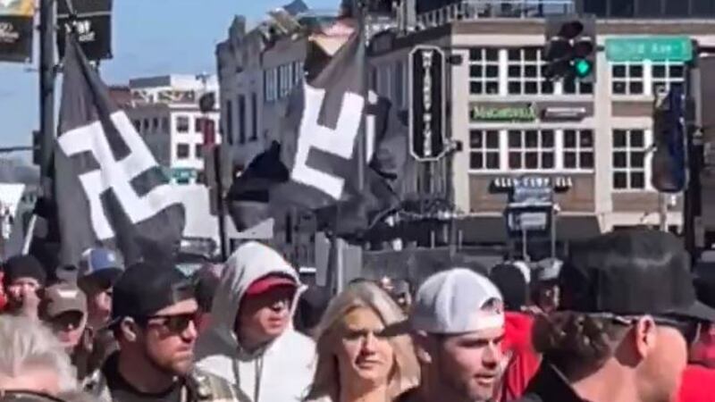 Group carrying what looks like Nazi flags downtown