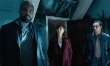 Katja Herbers as Kristen Bouchard,  Mike Colter as David Acosta, and Aasif Mandvi as Ben Shakir of the Paramount+ series EVIL.