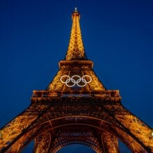 This photograph shows the Olympic rings on the Eiffel Tower