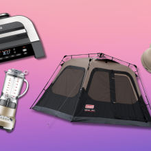 NInja indoor grill, Coleman camping tent, Breville blender, and Sony headphones with pink and purple gradient background