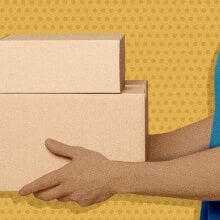 Animated man in a blue shirt holding a stack of cardboard boxes