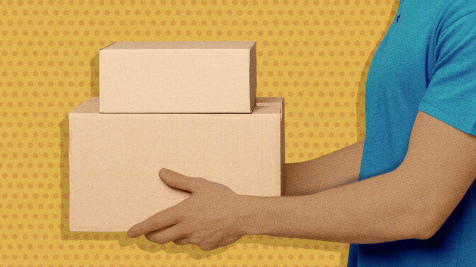 Animated man in a blue shirt holding a stack of cardboard boxes