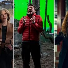 Three stills: two older woman standing next to each other, a man screaming in front of a green screen, a woman standing in a subway car