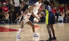 Washington Mystics guard DiDi Richards (12) plays defense 