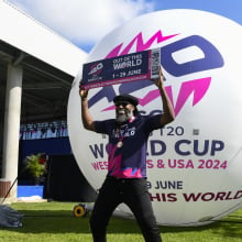 Chris Gayle of the West Indies poses at the launch of 100 days to go