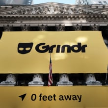 Grindr displays its banner outside of the New York Stock Exchange 