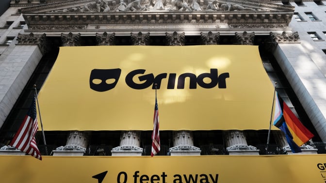 Grindr displays its banner outside of the New York Stock Exchange 