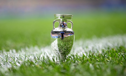 A detailed view of a replica UEFA EURO 2024 trophy