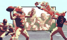 mashup of images of college football players and some on a screen