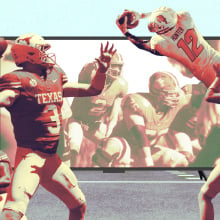 mashup of images of college football players and some on a screen