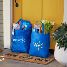 walmart plus grocery bags on doorstep