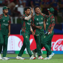 : Najmul Hossain Shanto of Bangladesh celebrates with teammates