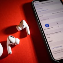 AirPods Pro headphones with Active Noise Cancellation for immersive sound turned on on the iphone 11 Pro smartphone