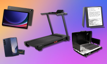 Samsung tablet and phone, NordicTrack treadmill, Coleman grill, and Kindle Scribe with colorful gradient background