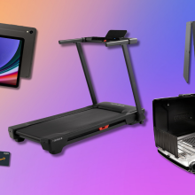 Samsung tablet and phone, NordicTrack treadmill, Coleman grill, and Kindle Scribe with colorful gradient background