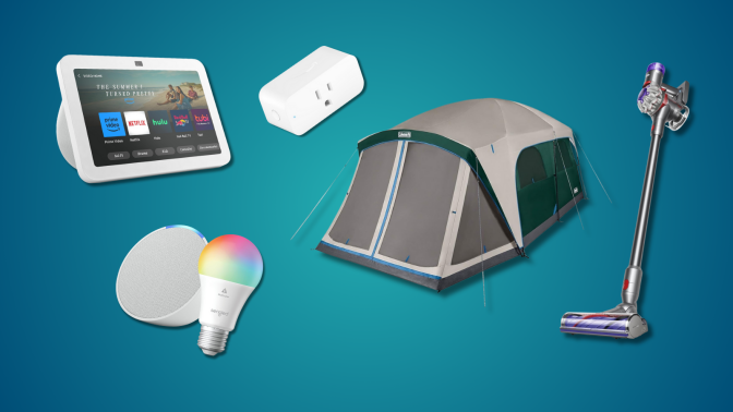 Echo Show, Echo Pop with Sengled bulb, Amazon smart plug, Coleman tent, and Dyson vacuum with turquoise gradient background