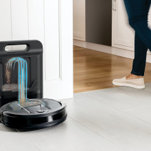 Shark robot vacuum on tile floor 