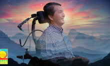A man in a wheelchair superimposed over scenery 