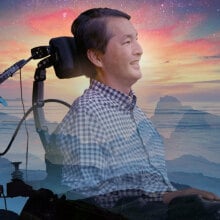 A man in a wheelchair superimposed over scenery 