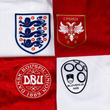 A detailed view of the badge of England, Serbia, Denmark and Slovenia