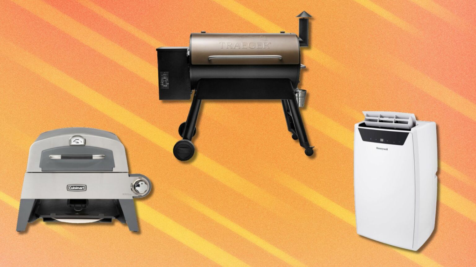 a cuisinart pizza oven, Traeger grill, and honeywell portable air conditioner on an orange background